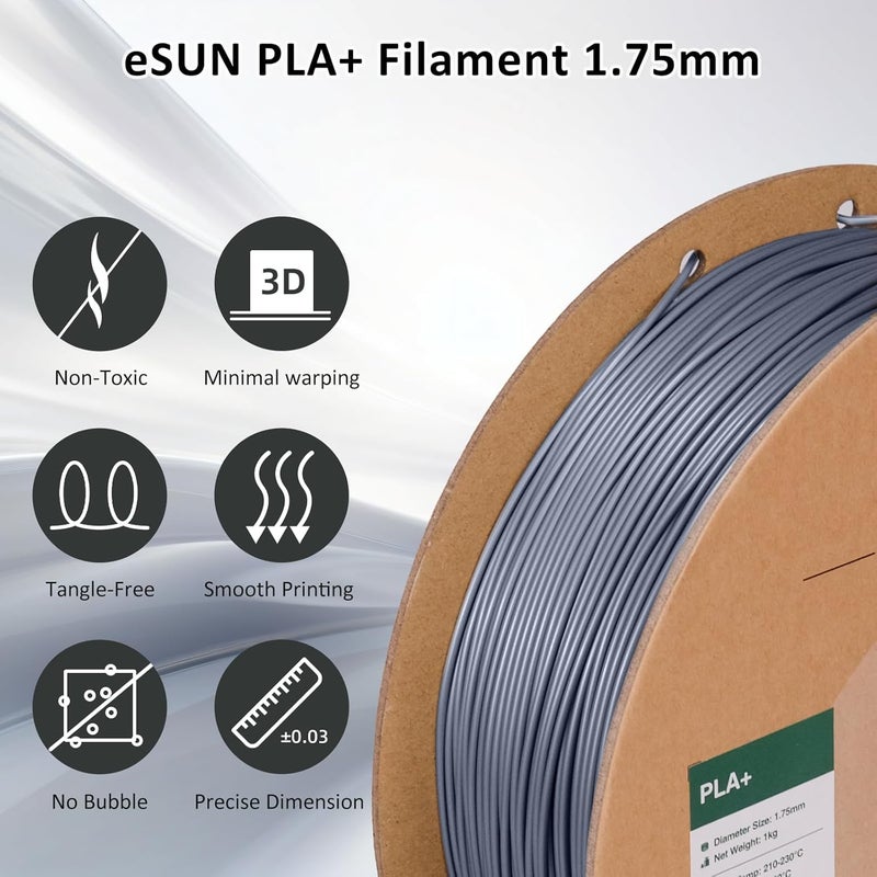eSUN PLA+ Filament 1.75mm Grey 1KG, 3D Printer Filament Dimensional Accuracy +/- 0.03mm, 1kg Cardboard Spool(2.2lbs) 3D Printing Filament, Fits for Most FDM 3D Printers - Image 2